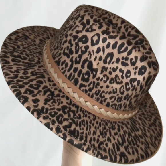 Classic Leopard Print Fedora Cap Braided Belt NWOT Jazz Hats Adjustable *HP* - Picture 3 of 8